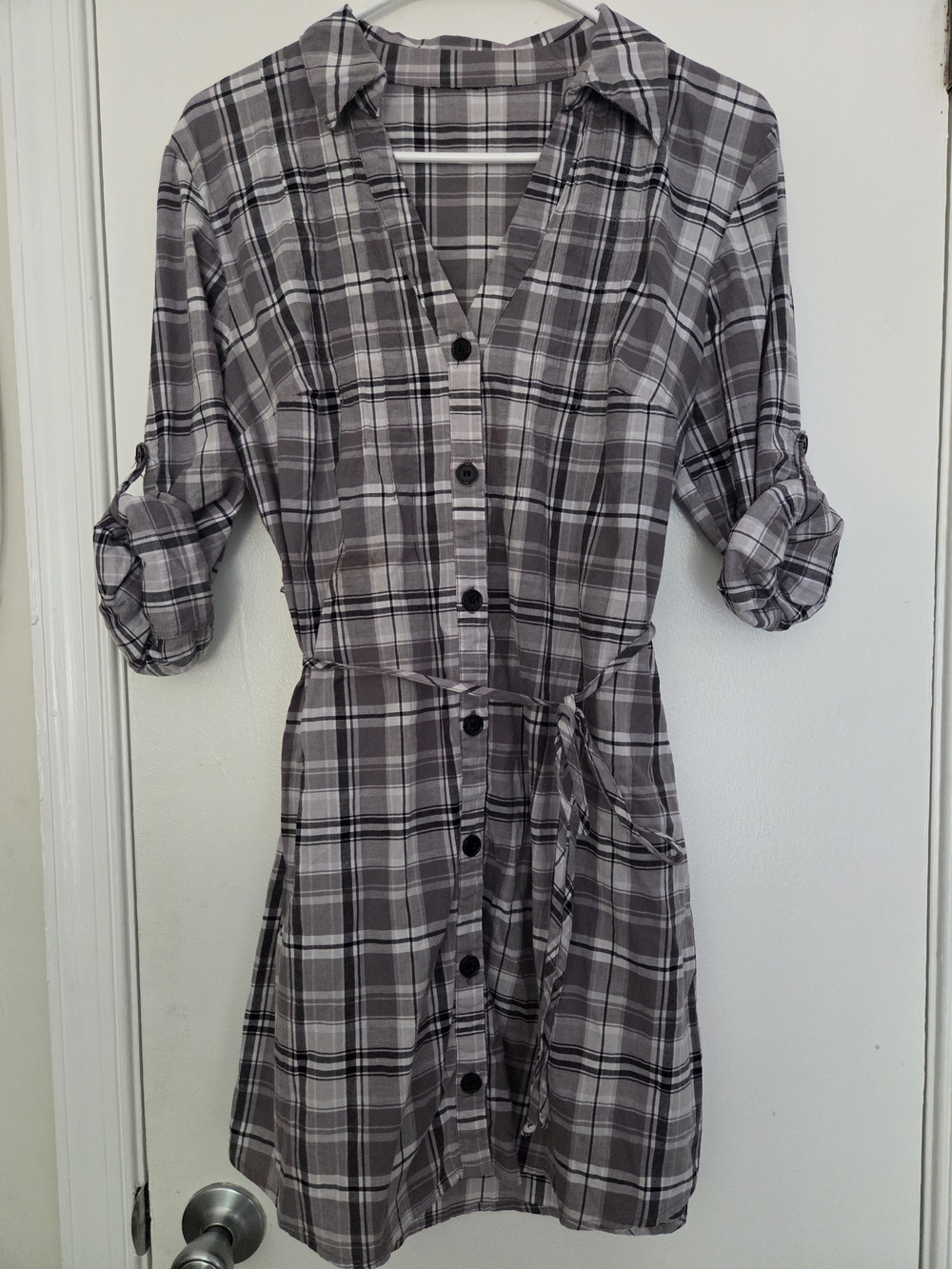 Gray Black Plaid Button Front Roll Tab Sleeve Shirt Dress Belted S/M